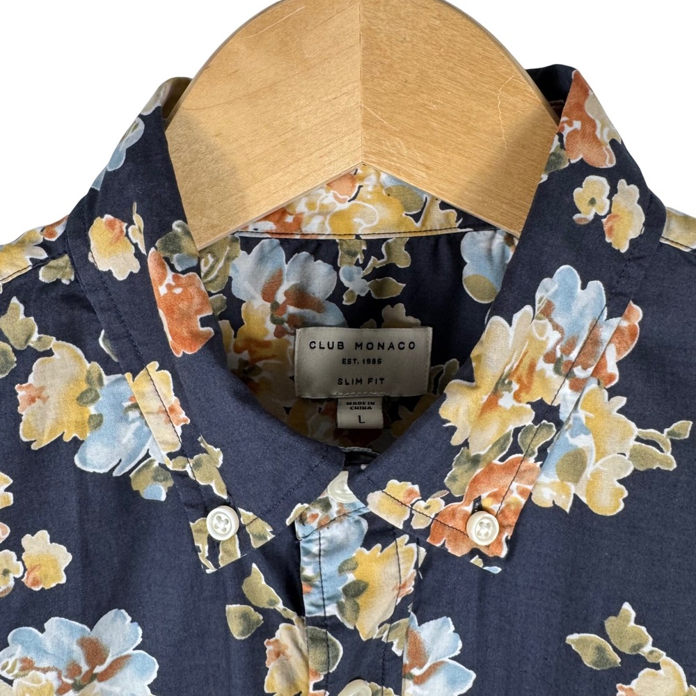 Club Monaco Floral Long Sleeve Button Down Shirt Mens L Navy Blue